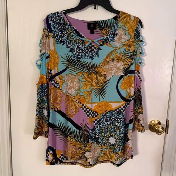 JM Collection Tops - JM Collection Blue and Purple Sleeveless Graphic Blouse